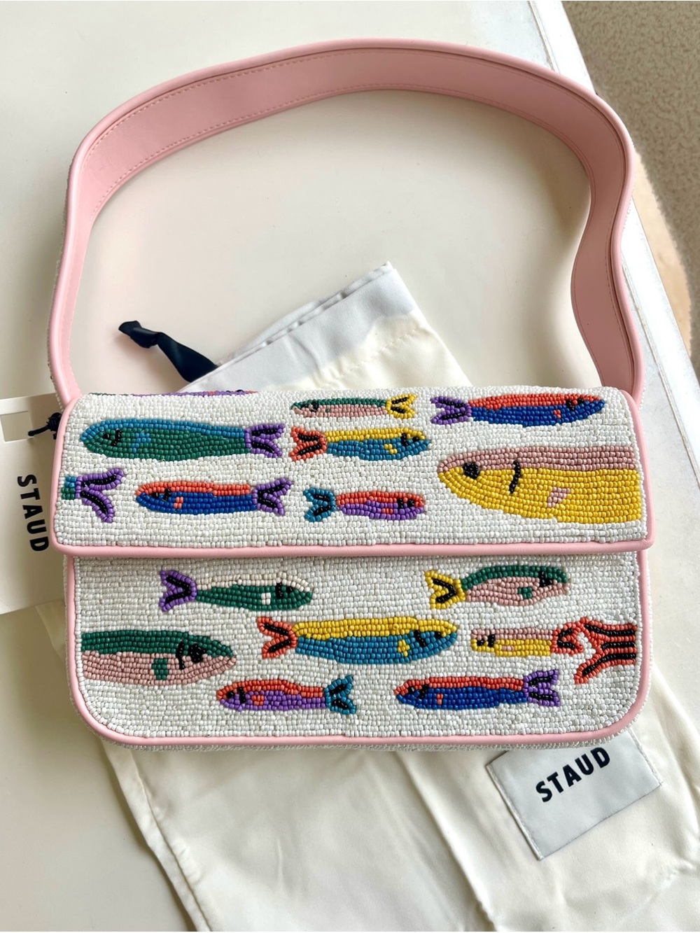 STAUD White Beaded Fish Shoulder Bag with Pink Trim